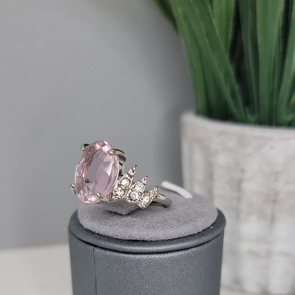 Elegant Pink Gemstone Ring Silver Tone Size 8.5